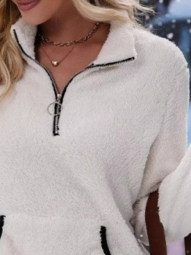 Women's Fleece Half-Zip Pullover - Stand Collar Front Pocket