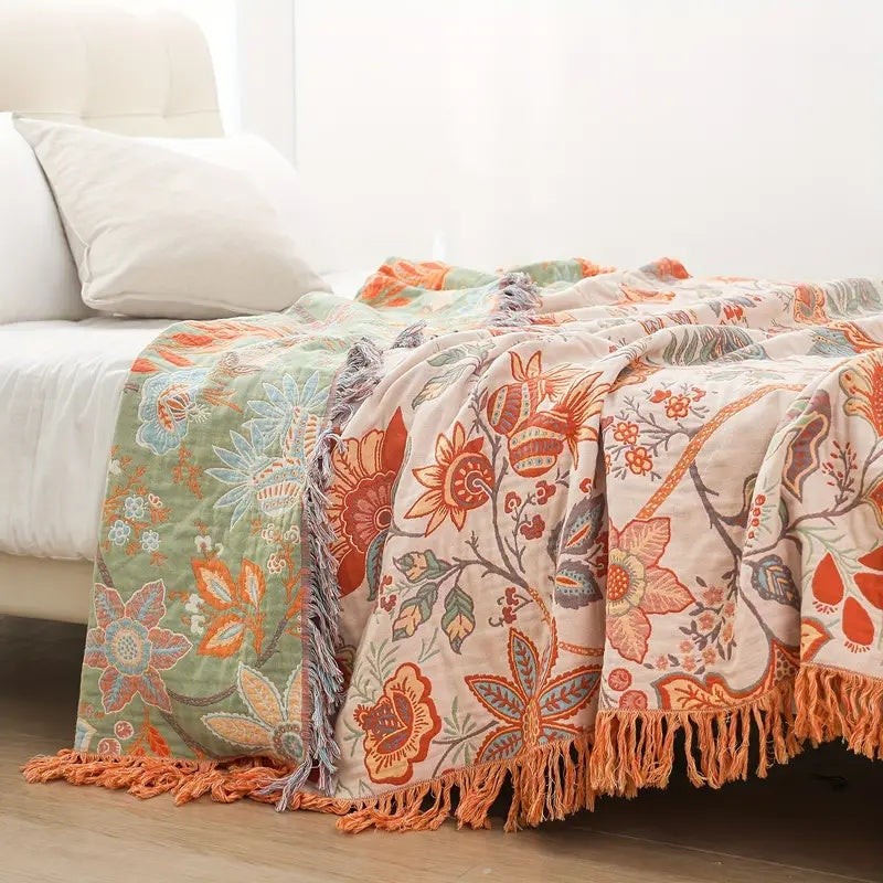 Cotton Throw Blanket - Reversible Floral Print