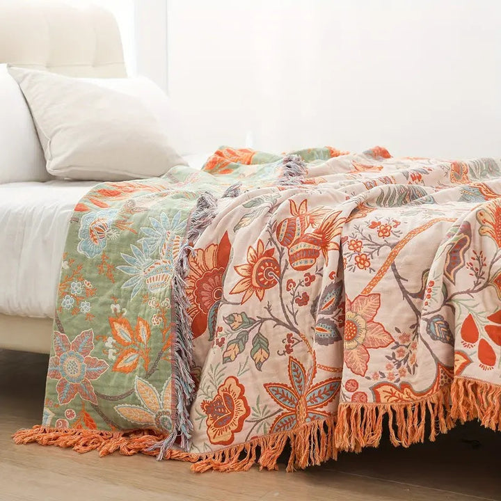 Cotton Throw Blanket - Reversible Floral Print