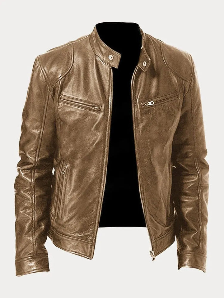 Men's Biker Jacket – Motorcycle Jacket with Stand-Up Collar, Zipper, and Multiple Pockets