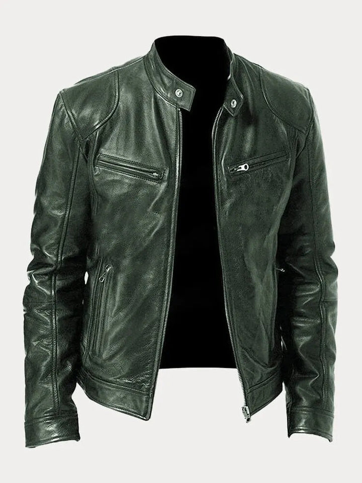 Men's Biker Jacket – Motorcycle Jacket with Stand-Up Collar, Zipper, and Multiple Pockets