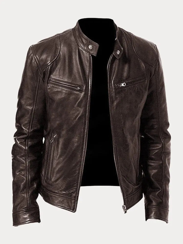 Men's Biker Jacket – Motorcycle Jacket with Stand-Up Collar, Zipper, and Multiple Pockets
