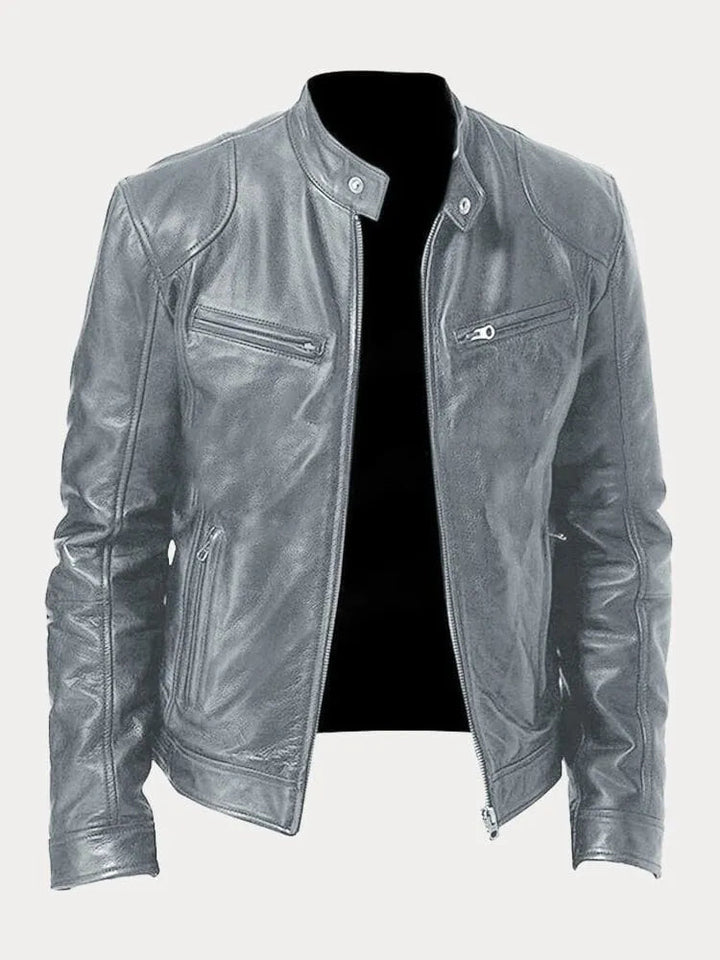 Men's Biker Jacket – Motorcycle Jacket with Stand-Up Collar, Zipper, and Multiple Pockets