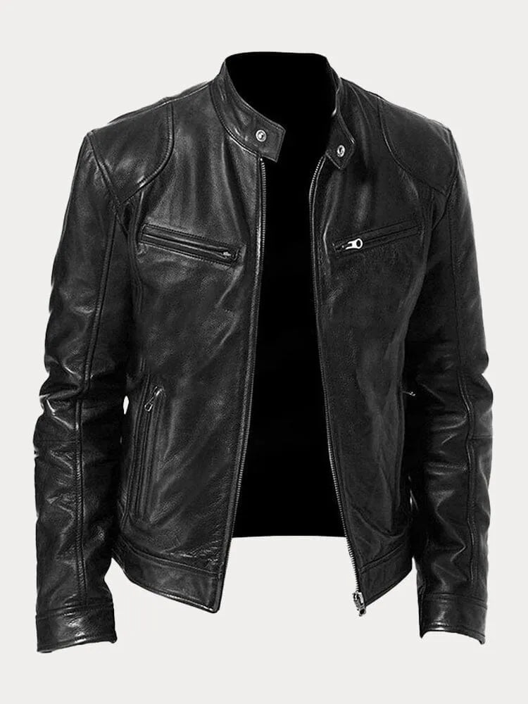 Men's Biker Jacket – Motorcycle Jacket with Stand-Up Collar, Zipper, and Multiple Pockets