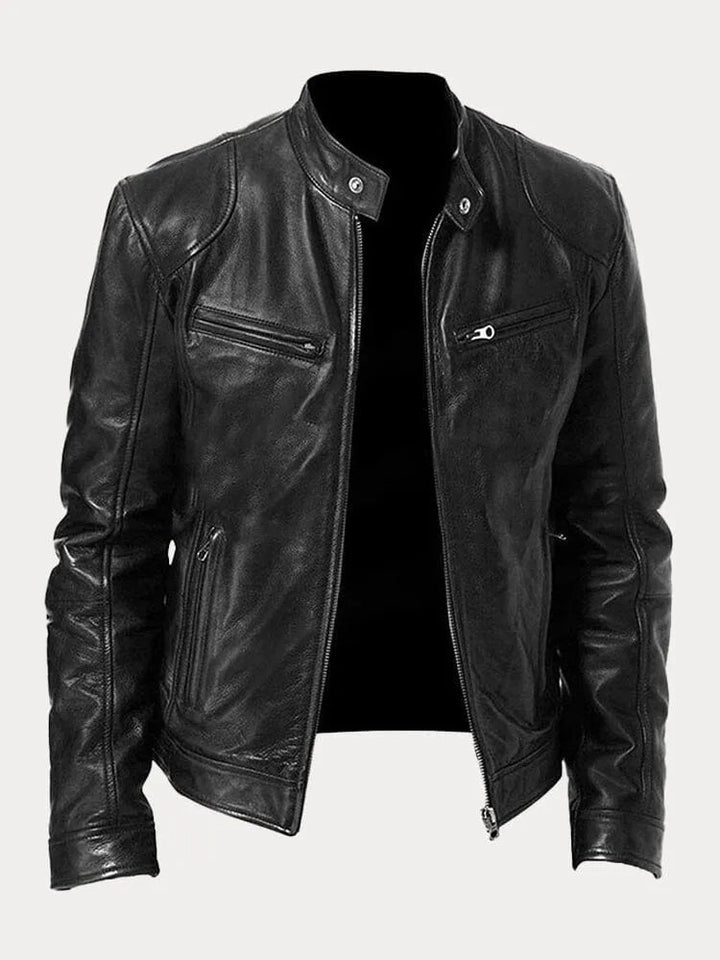 Men's Biker Jacket – Motorcycle Jacket with Stand-Up Collar, Zipper, and Multiple Pockets
