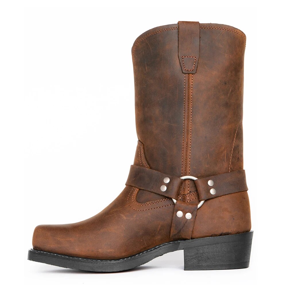 Men's Harness Cowboy Boots - Square Toe Mid-Calf Block Heel Western Boot