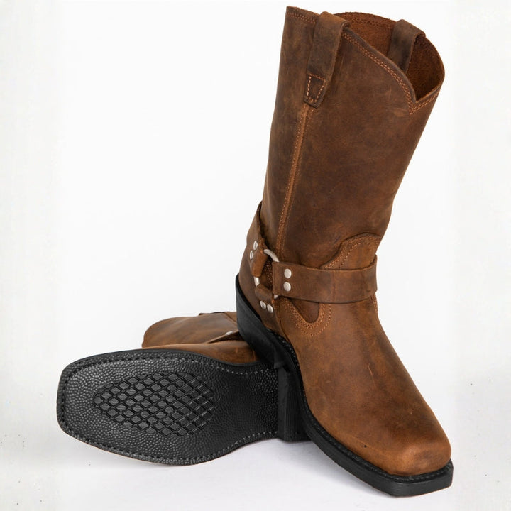 Men's Harness Cowboy Boots - Square Toe Mid-Calf Block Heel Western Boot