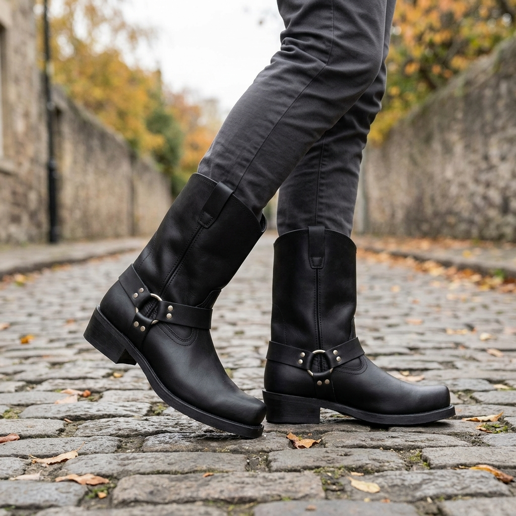 Men's Harness Cowboy Boots - Square Toe Mid-Calf Block Heel Western Boot