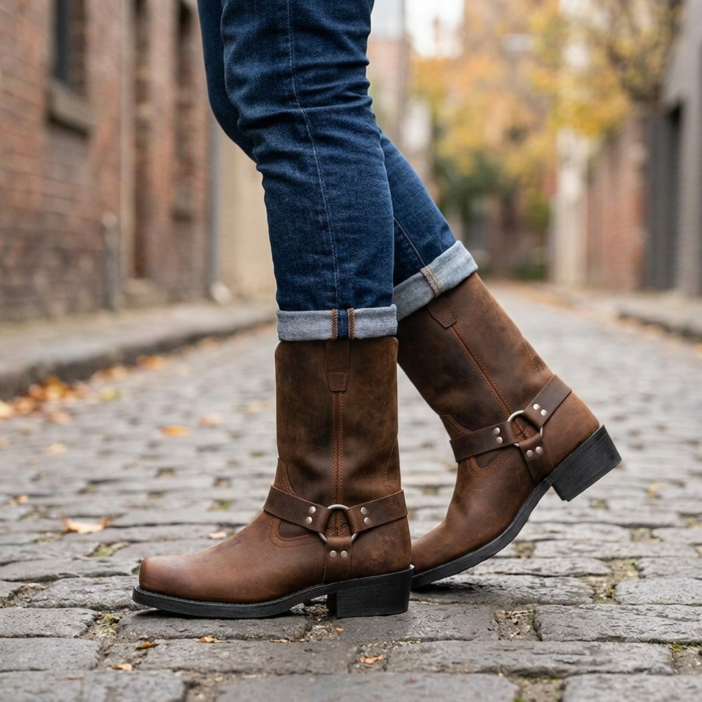 Men's Harness Cowboy Boots - Square Toe Mid-Calf Block Heel Western Boot
