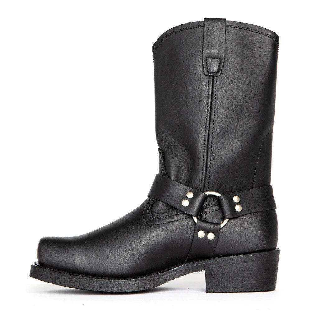 Men's Harness Cowboy Boots - Square Toe Mid-Calf Block Heel Western Boot