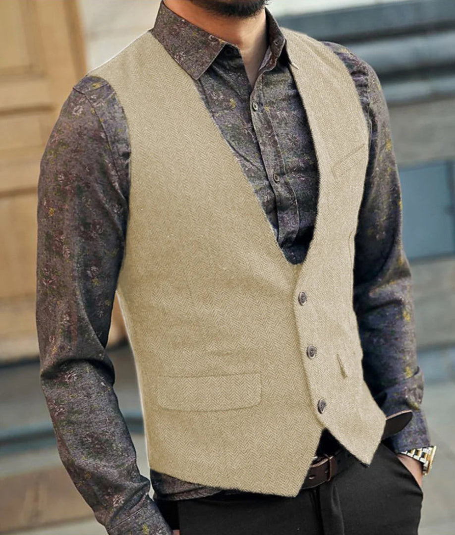 Men's Herringbone Waistcoat - V-Neck Button Front