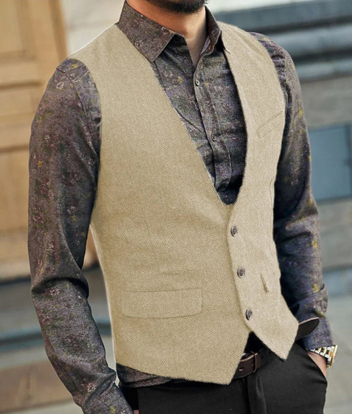 Men's Herringbone Waistcoat - V-Neck Button Front