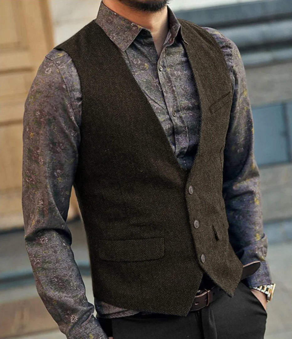 Men's Herringbone Waistcoat - V-Neck Button Front
