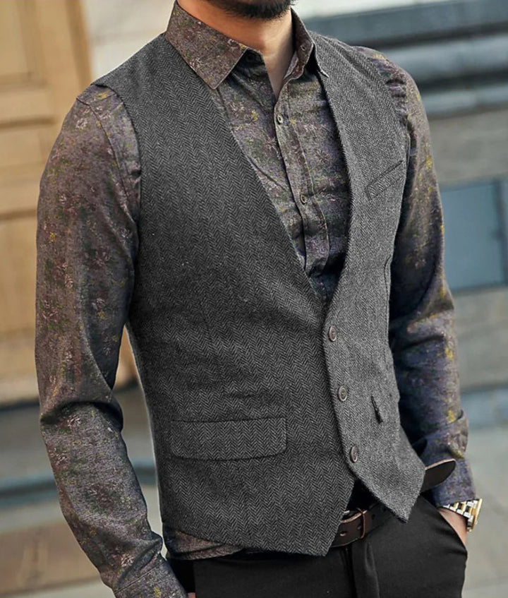 Men's Herringbone Waistcoat - V-Neck Button Front