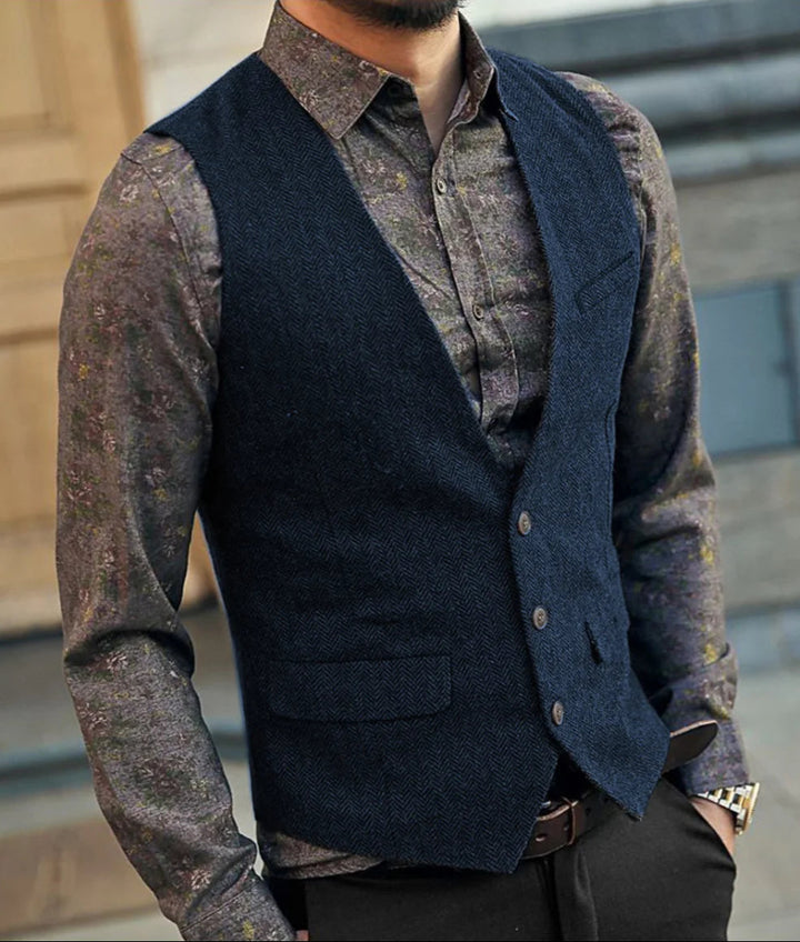 Men's Herringbone Waistcoat - V-Neck Button Front