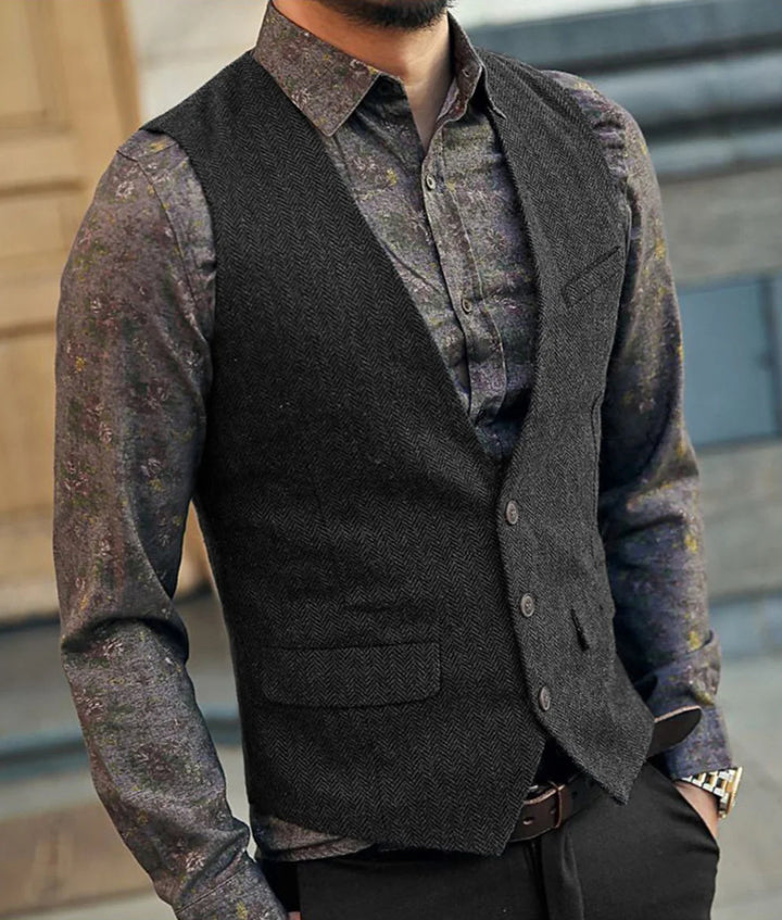 Men's Herringbone Waistcoat - V-Neck Button Front