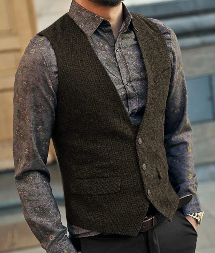 Men's Herringbone Waistcoat - V-Neck Button Front