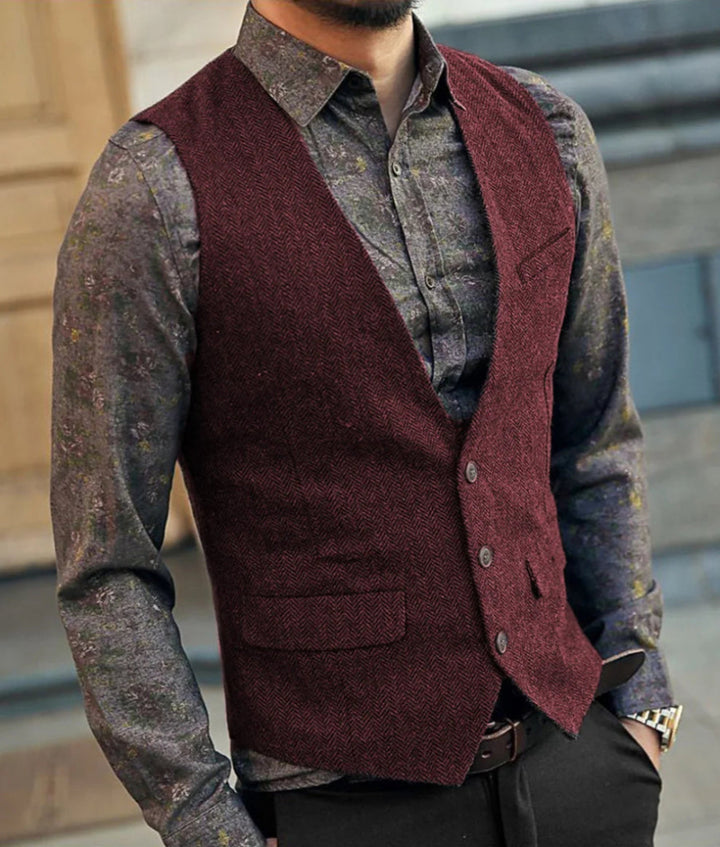 Men's Herringbone Waistcoat - V-Neck Button Front