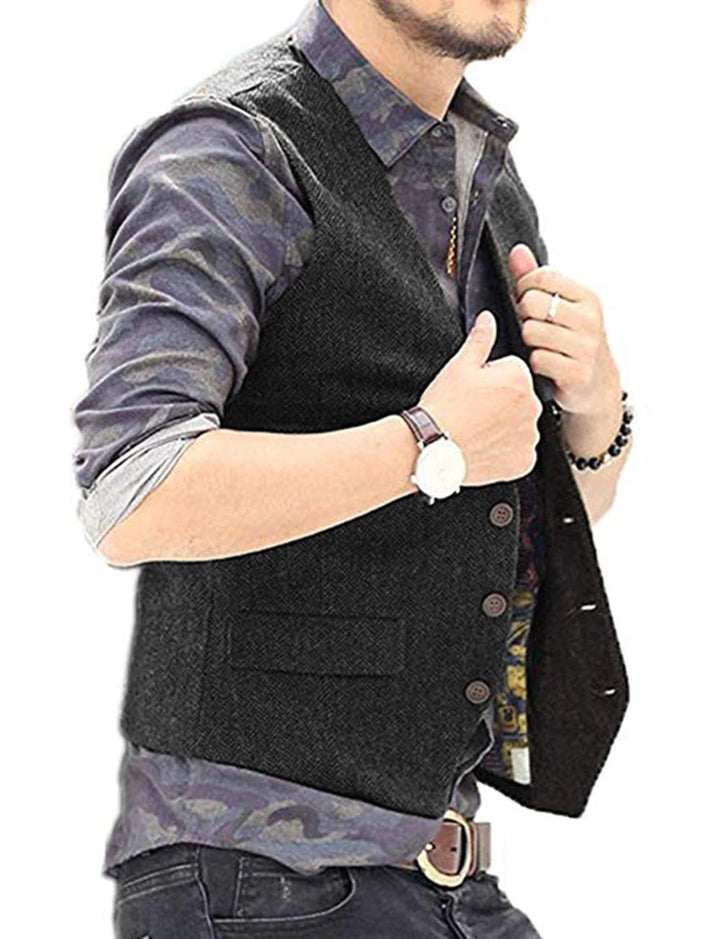 Men's Herringbone Waistcoat - V-Neck Button Front