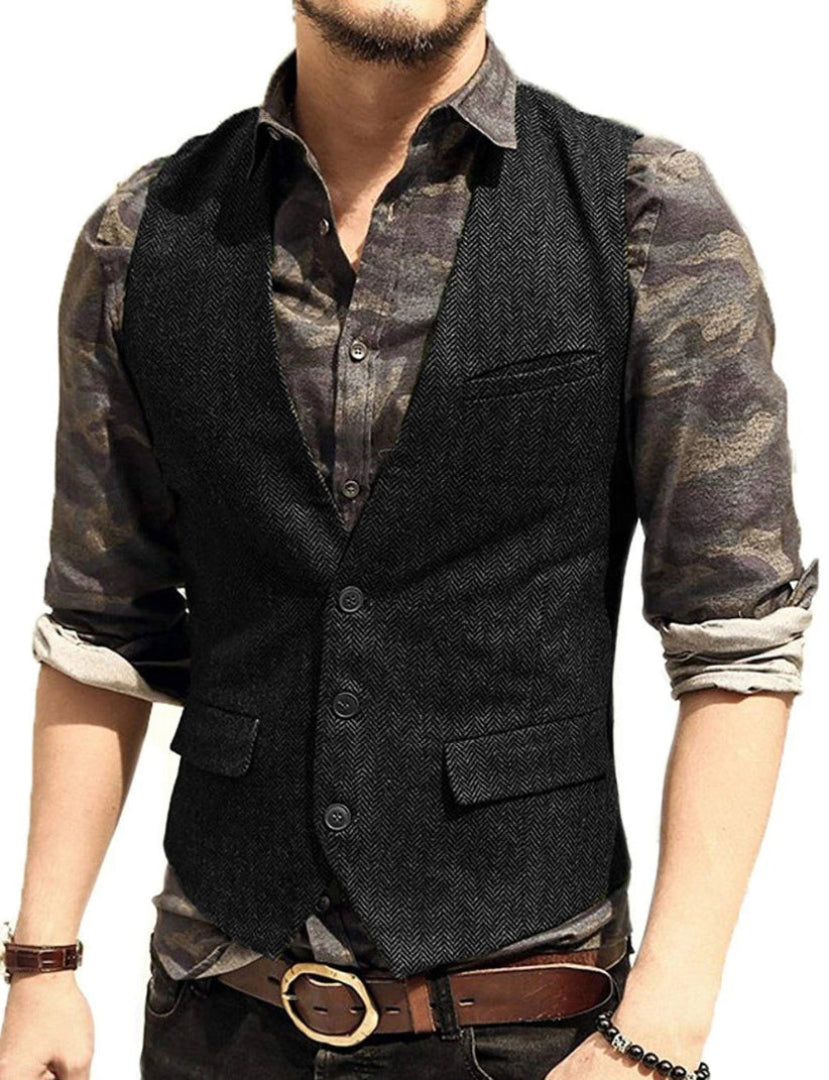 Men's Herringbone Waistcoat - V-Neck Button Front