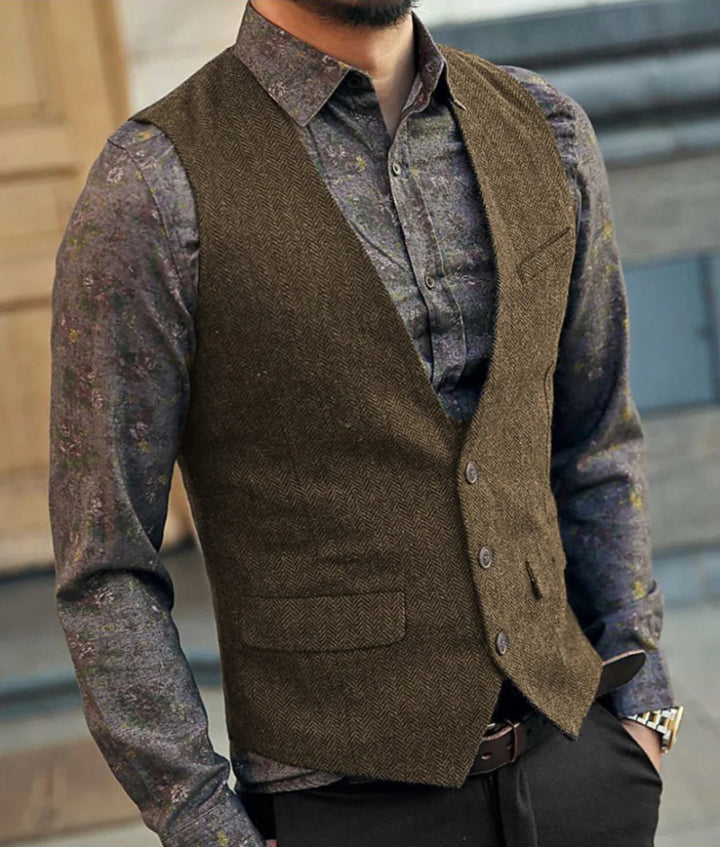 Men's Herringbone Waistcoat - V-Neck Button Front