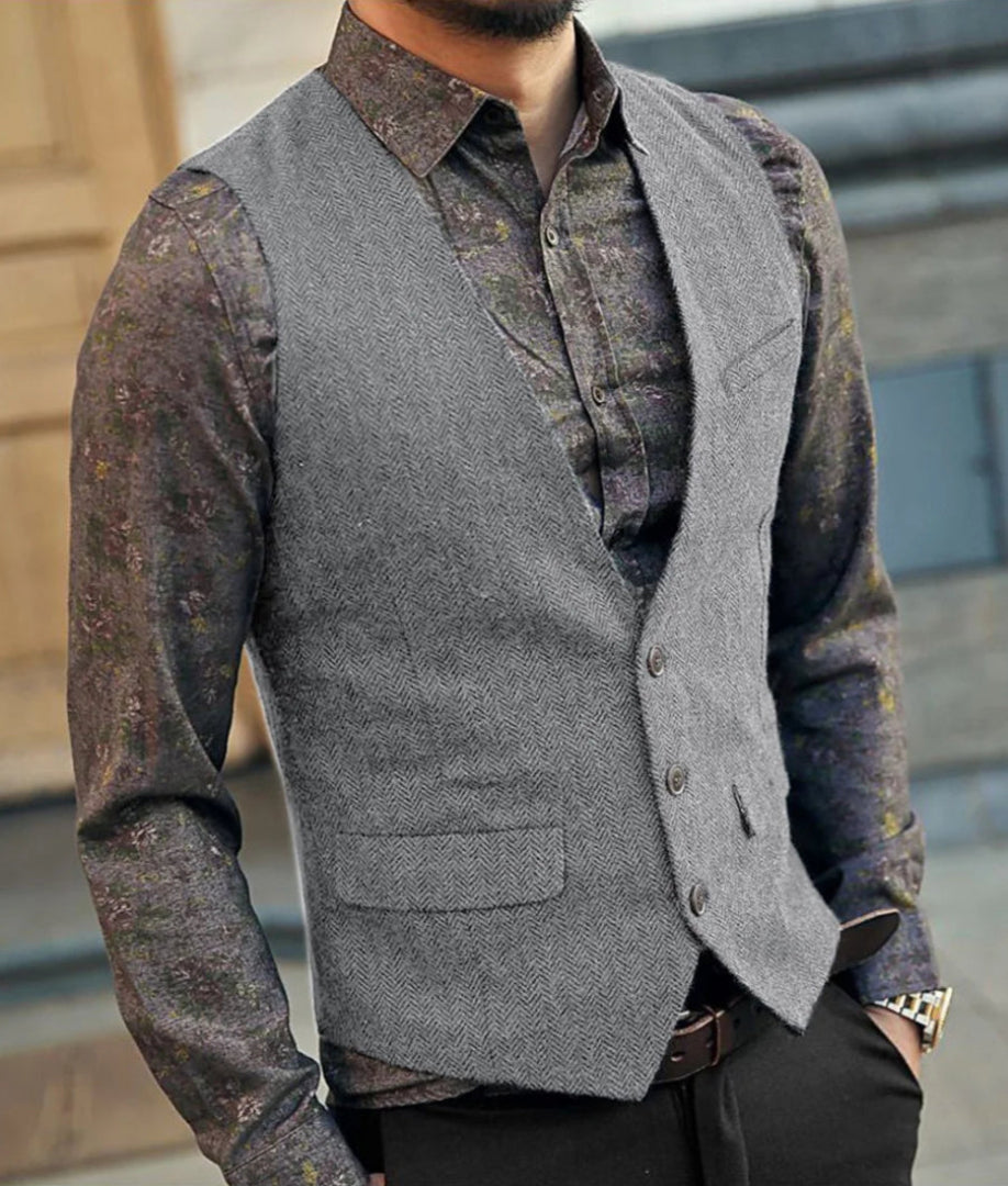 Men's Herringbone Waistcoat - V-Neck Button Front