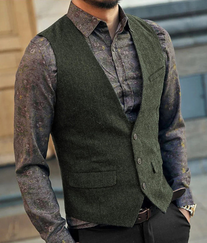 Men's Herringbone Waistcoat - V-Neck Button Front