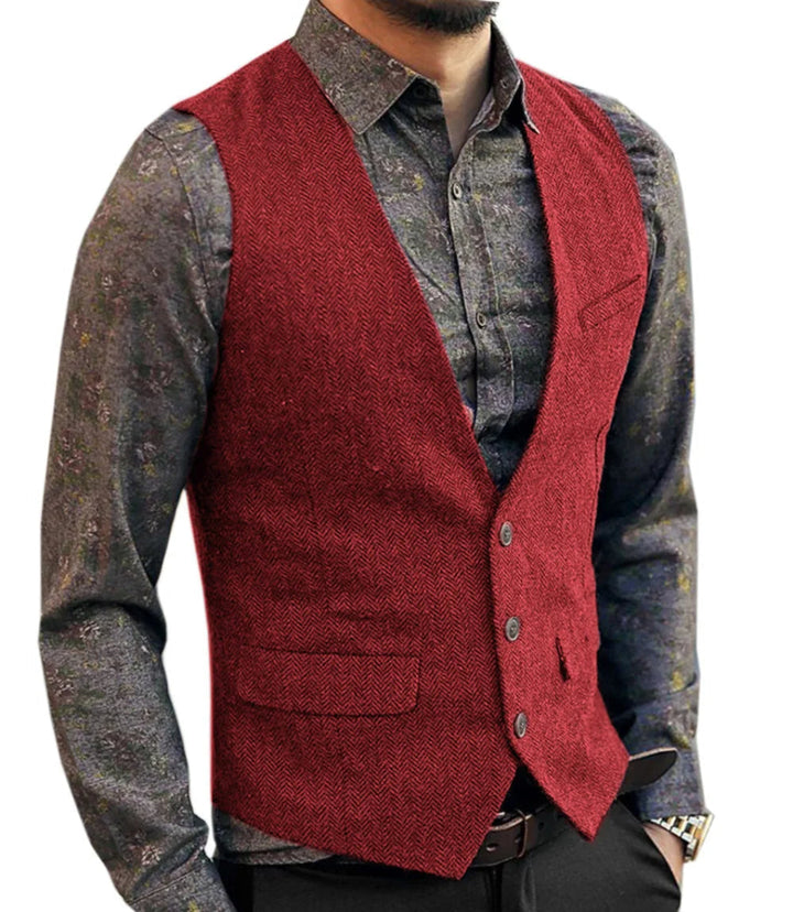 Men's Herringbone Waistcoat - V-Neck Button Front