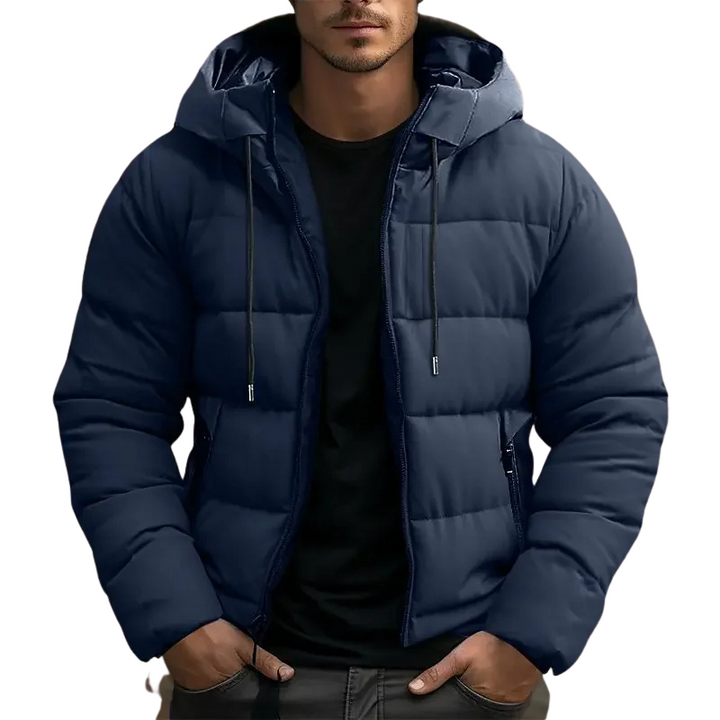 
Men's Hooded Puffer Jacket - Drawstring Hood Zip Front

