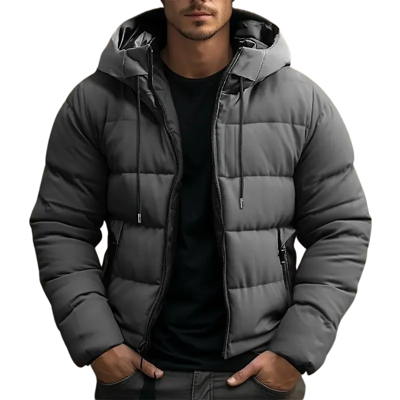 
Men's Hooded Puffer Jacket - Drawstring Hood Zip Front
