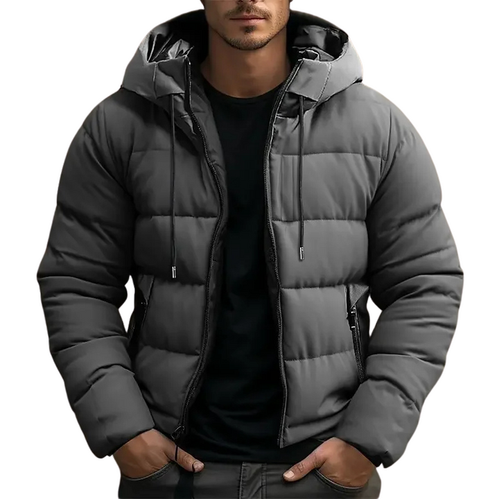 
Men's Hooded Puffer Jacket - Drawstring Hood Zip Front
