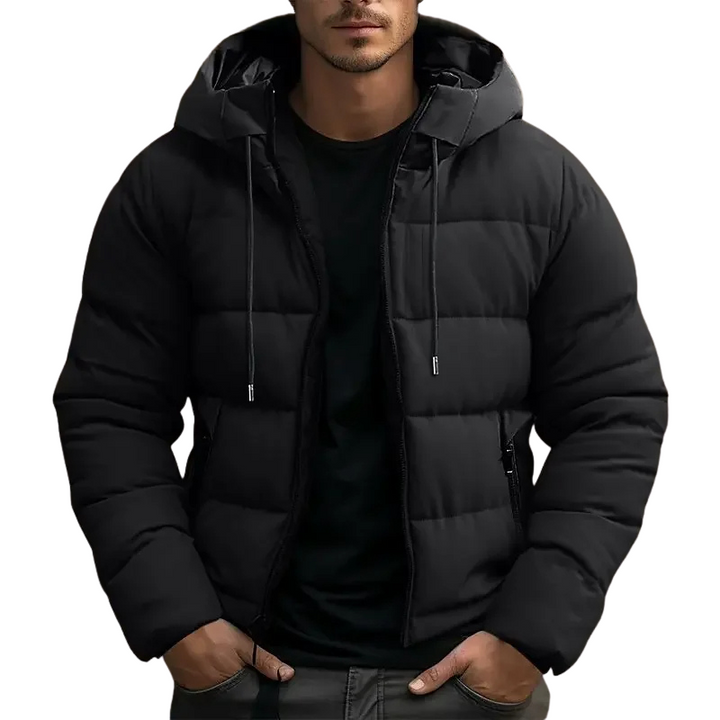 
Men's Hooded Puffer Jacket - Drawstring Hood Zip Front

