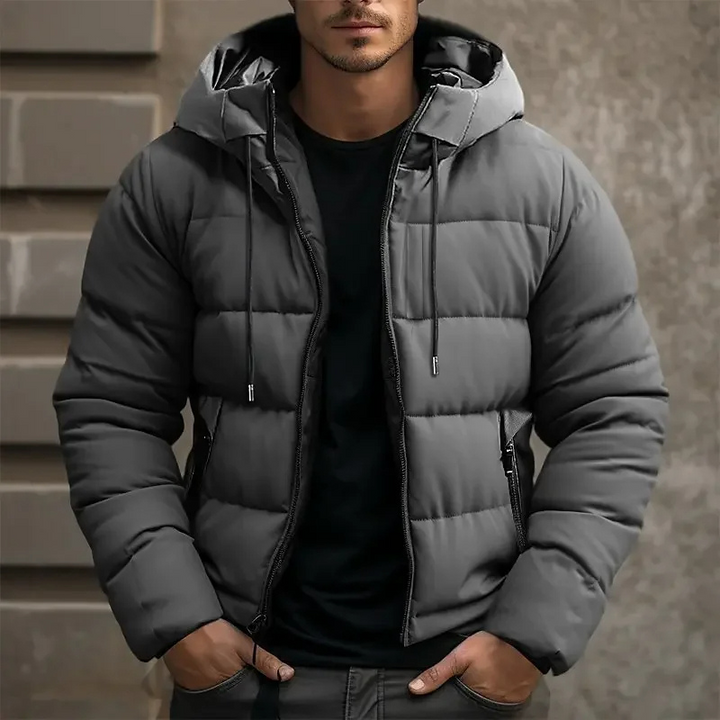 Men's Hooded Puffer Jacket - Drawstring Hood Zip Front