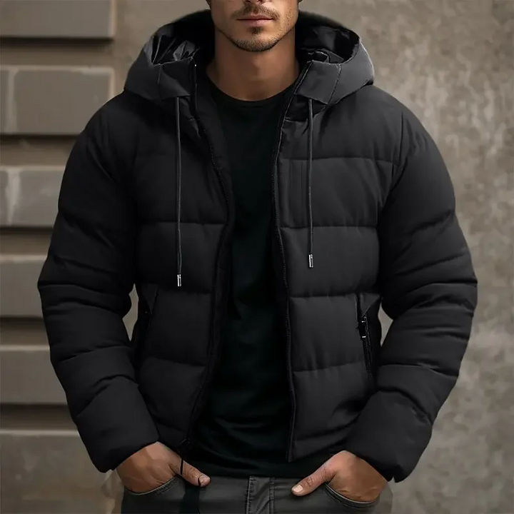 Men's Hooded Puffer Jacket - Drawstring Hood Zip Front