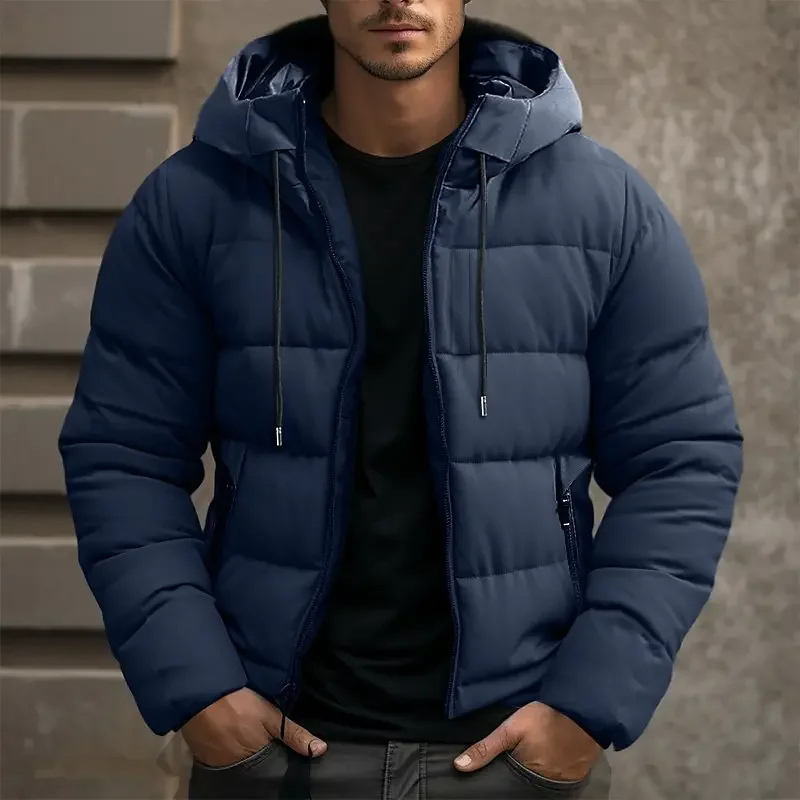Men's Hooded Puffer Jacket - Drawstring Hood Zip Front