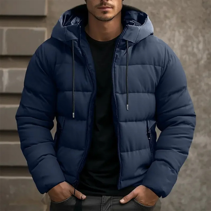 Men's Hooded Puffer Jacket - Drawstring Hood Zip Front