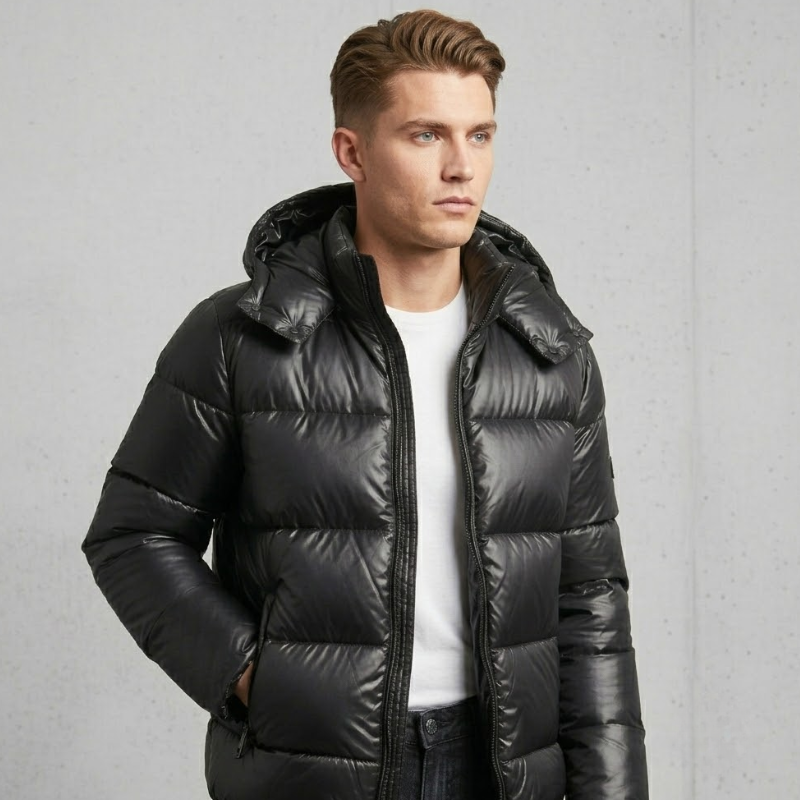 Men's Hooded Puffer Jacket - Zip Front Quilted