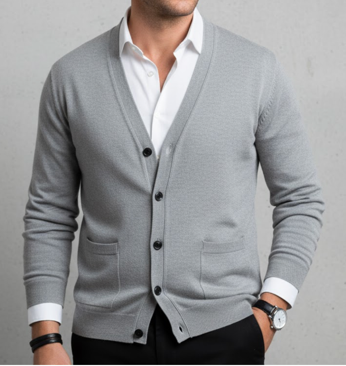 Men's Knit Button-Front Cardigan - V-Neck Long Sleeve