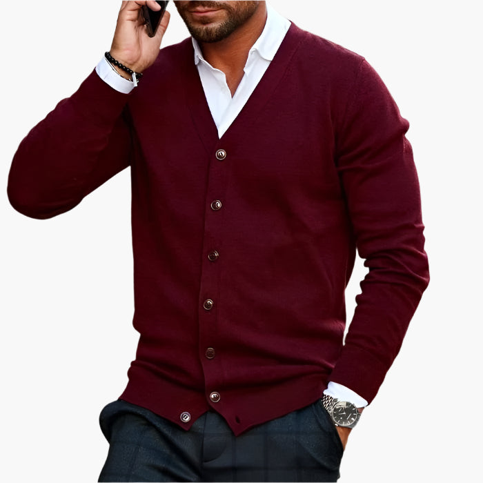 Men's Knit Button-Front Cardigan - V-Neck Long Sleeve