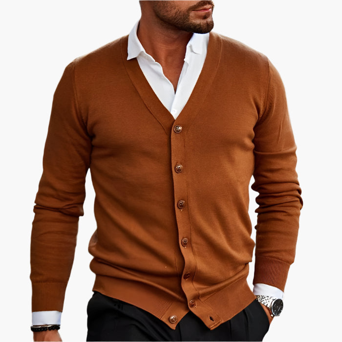 Men's Knit Button-Front Cardigan - V-Neck Long Sleeve