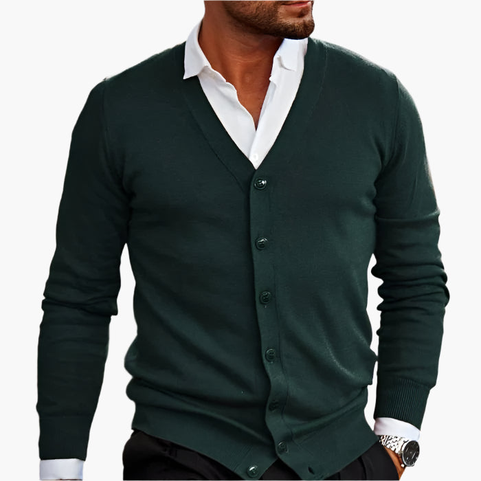 Men's Knit Button-Front Cardigan - V-Neck Long Sleeve