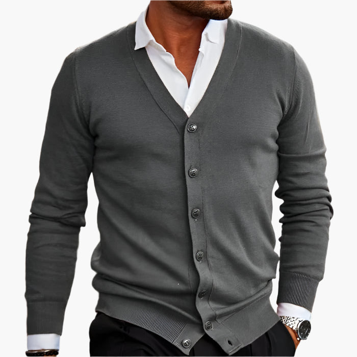 Men's Knit Button-Front Cardigan - V-Neck Long Sleeve