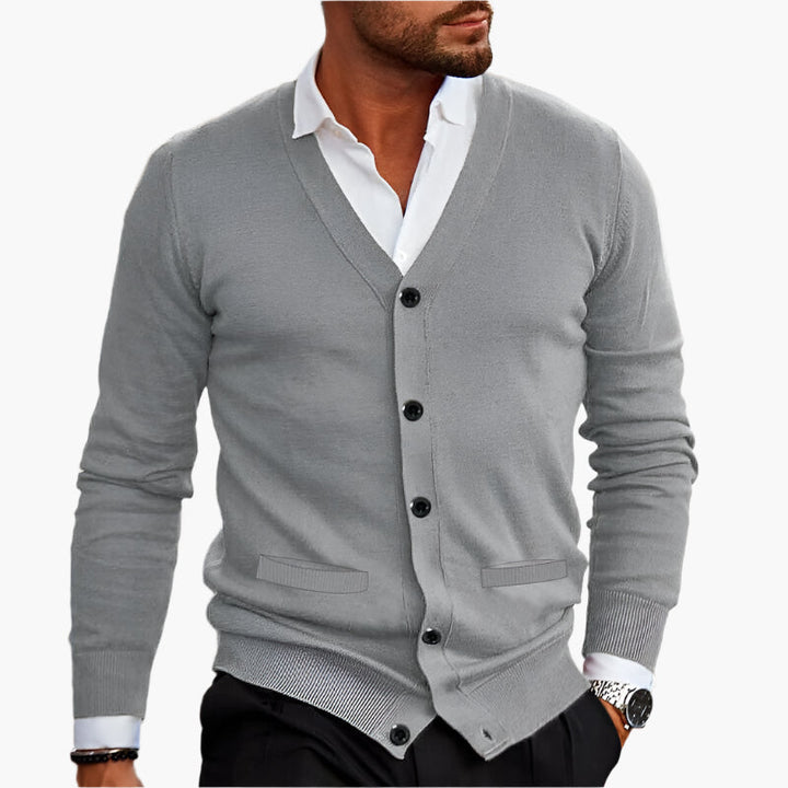 Men's Knit Button-Front Cardigan - V-Neck Long Sleeve