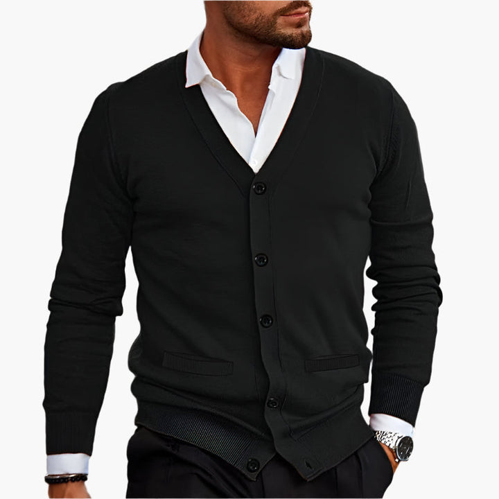 Men's Knit Button-Front Cardigan - V-Neck Long Sleeve