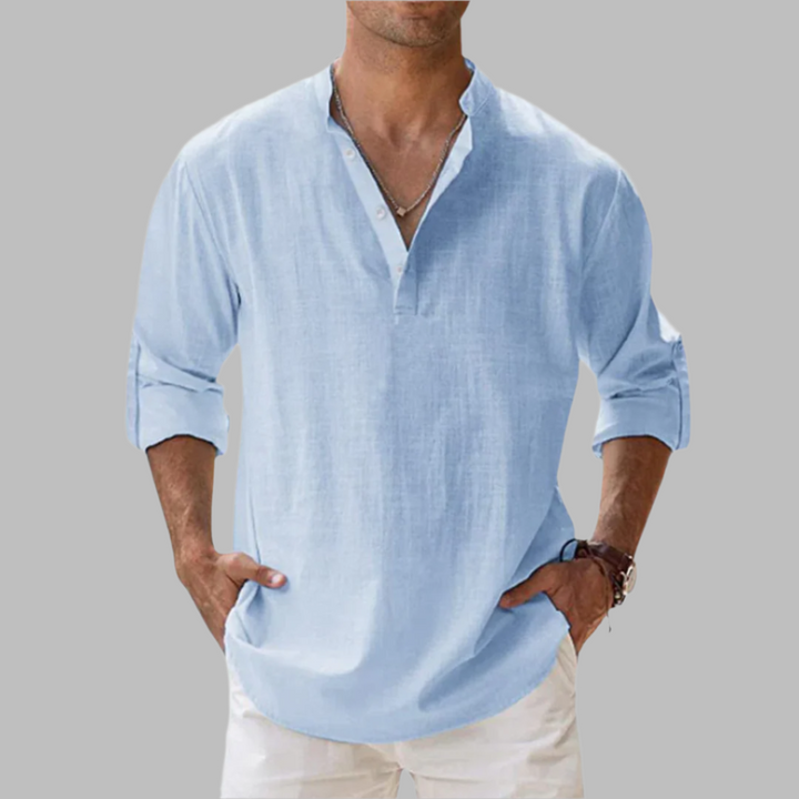 Men's Linen Blend Henley Shirt - Long Sleeve Stand Collar