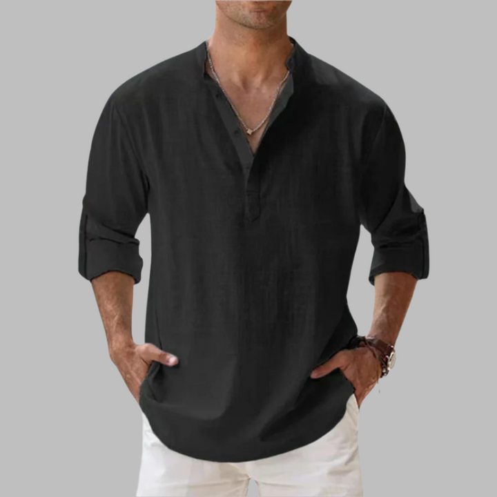 Men's Linen Blend Henley Shirt - Long Sleeve Stand Collar