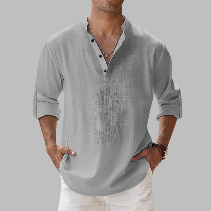 Men's Linen Blend Henley Shirt - Long Sleeve Stand Collar