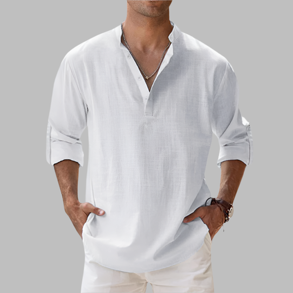 Men's Linen Blend Henley Shirt - Long Sleeve Stand Collar
