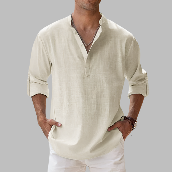 Men's Linen Blend Henley Shirt - Long Sleeve Stand Collar