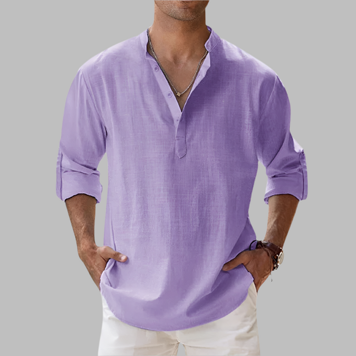 Men's Linen Blend Henley Shirt - Long Sleeve Stand Collar